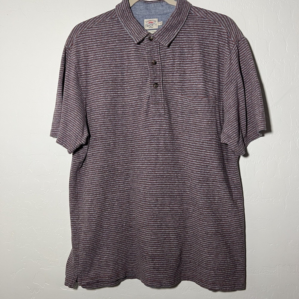 Faherty Shirt Men's Short Sleeve Collared Polo Size L  Striped Organic Cotton
